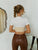 Two-Tone Letter Graphic Pointed Hem Cropped T-Shirt
